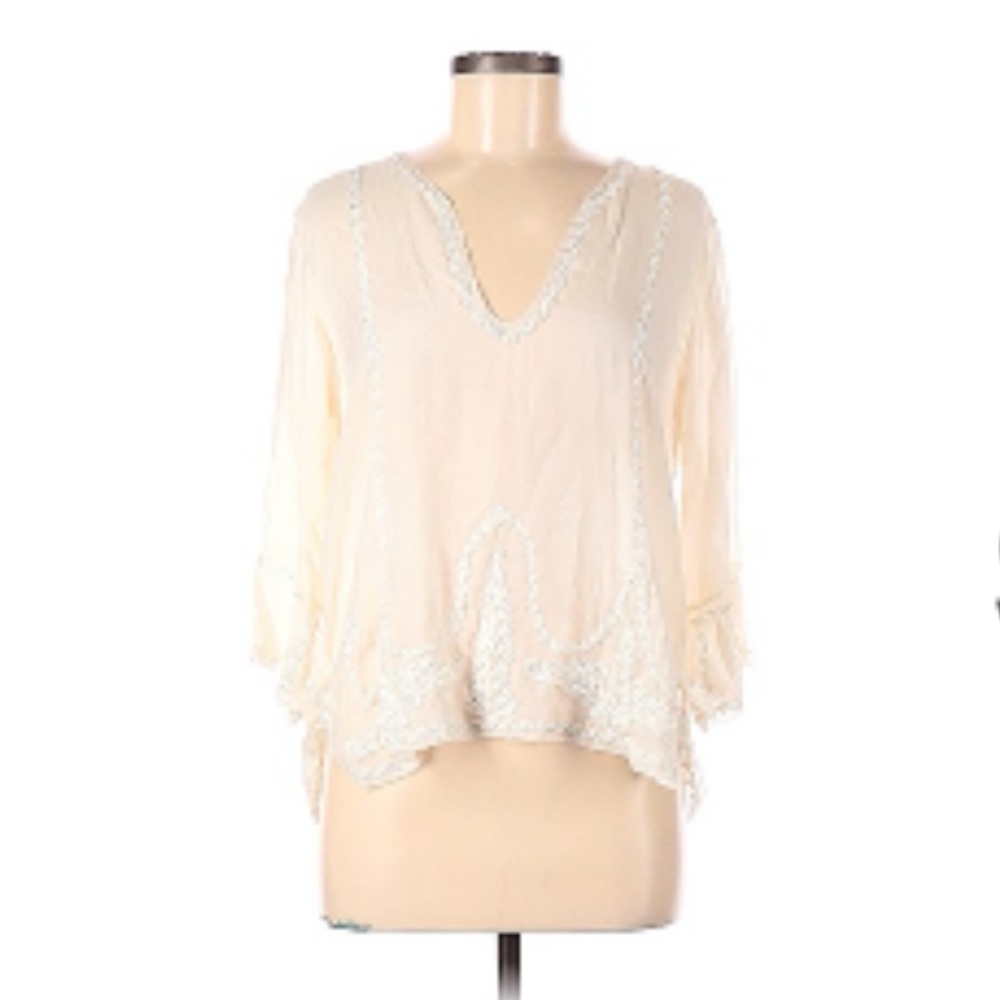 The Great Shirt Womens Size S Embroidered 3/4 Sleeve Silk Blouse Boho Sheer - Picture 2 of 11